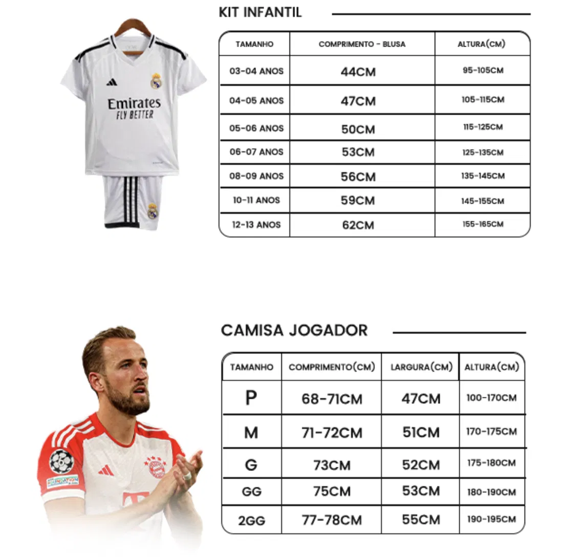 Tabela de tamanhos para kit infantil e camisa jogador