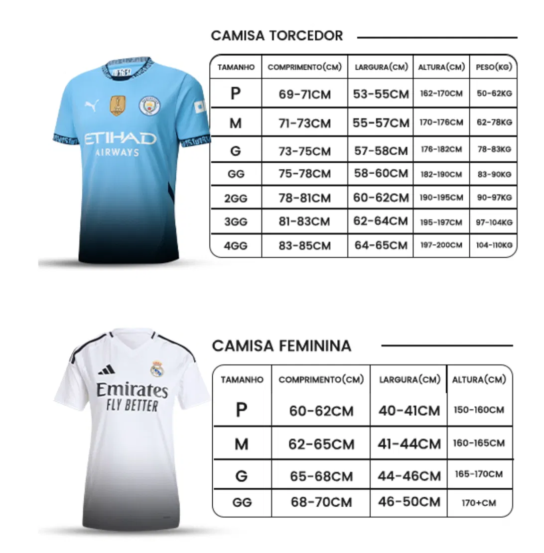 Tabela de tamanhos para camisa torcedor e feminina
