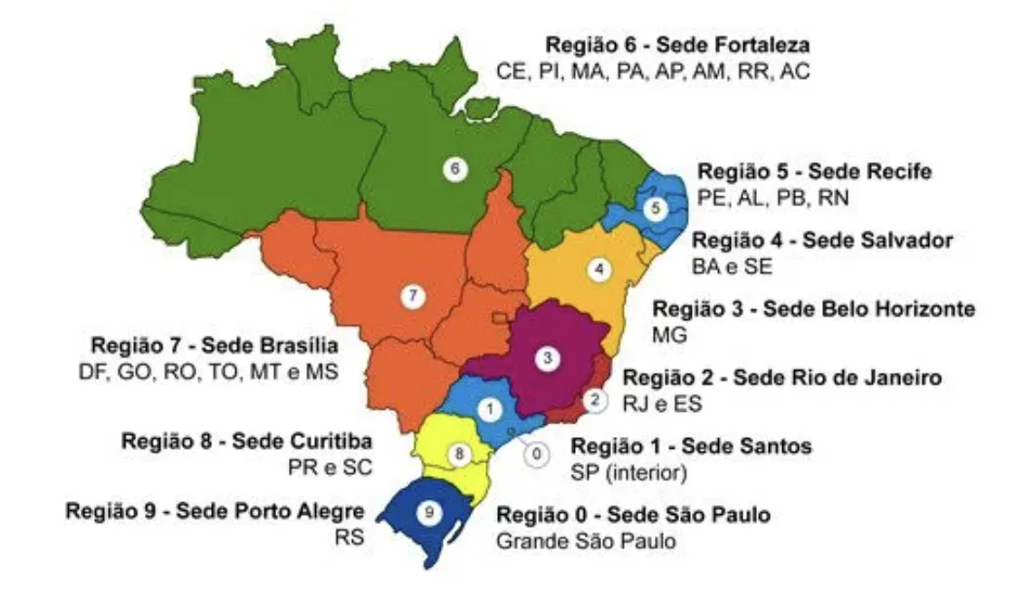 Mapa das regiões de envio do Brasil